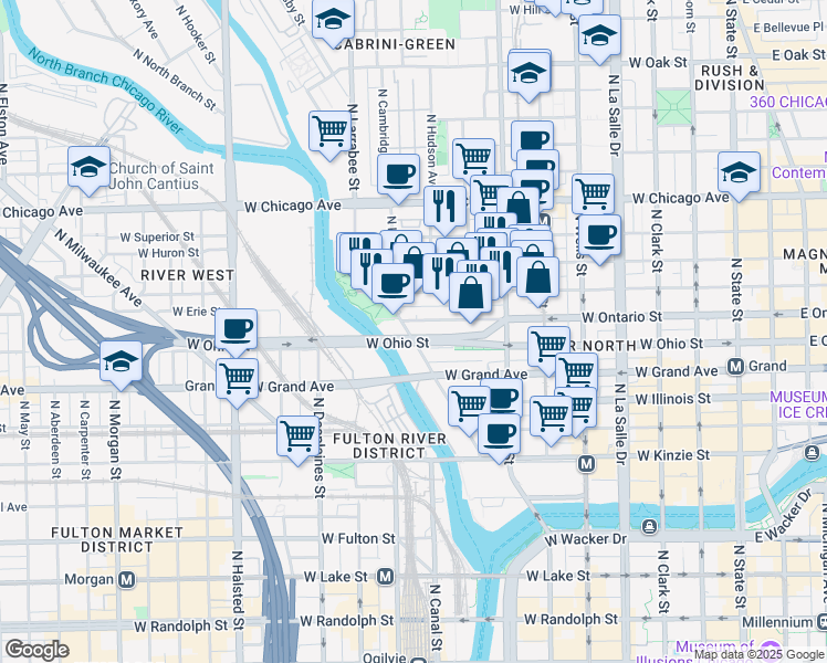 map of restaurants, bars, coffee shops, grocery stores, and more near 435 West Erie Street in Chicago