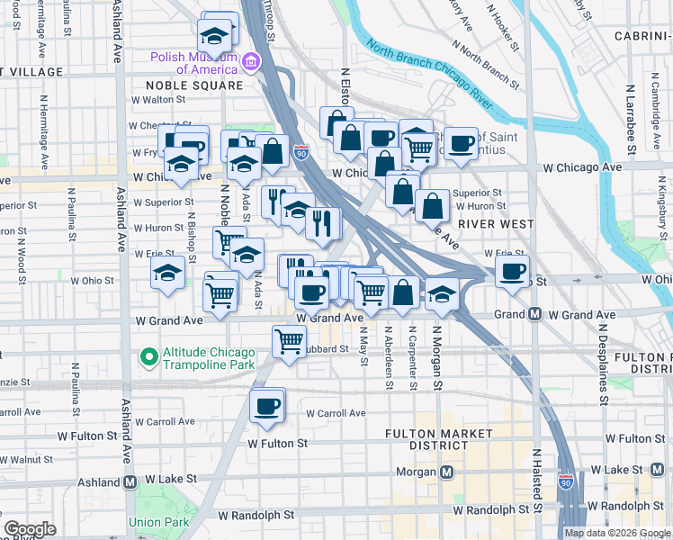 map of restaurants, bars, coffee shops, grocery stores, and more near in Chicago