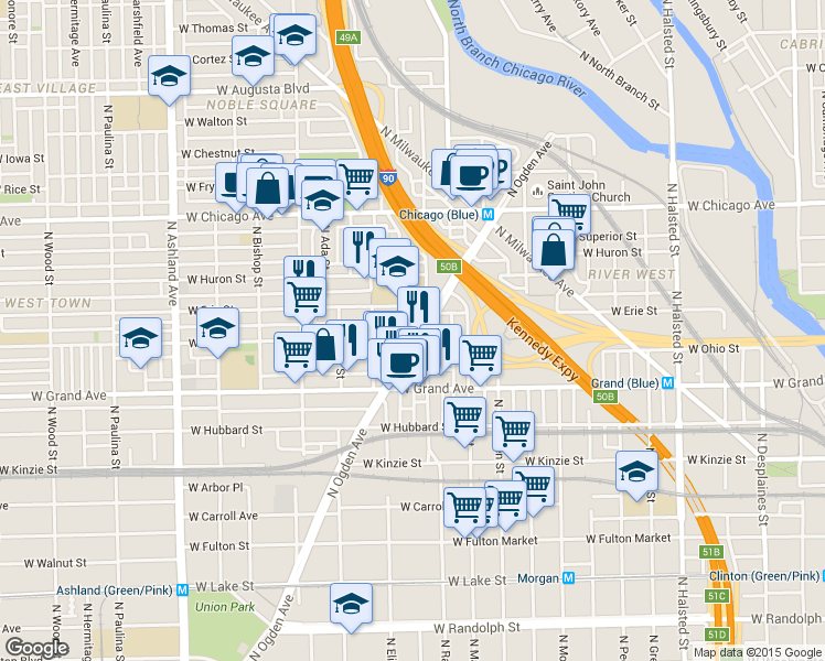 map of restaurants, bars, coffee shops, grocery stores, and more near 1227 West Erie Street in Chicago