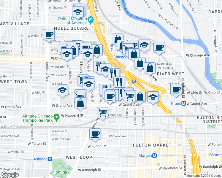 map of restaurants, bars, coffee shops, grocery stores, and more near 1227 West Erie Street in Chicago