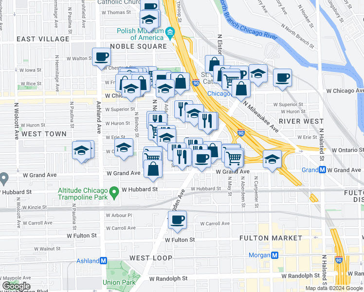map of restaurants, bars, coffee shops, grocery stores, and more near 1306 West Erie Street in Chicago