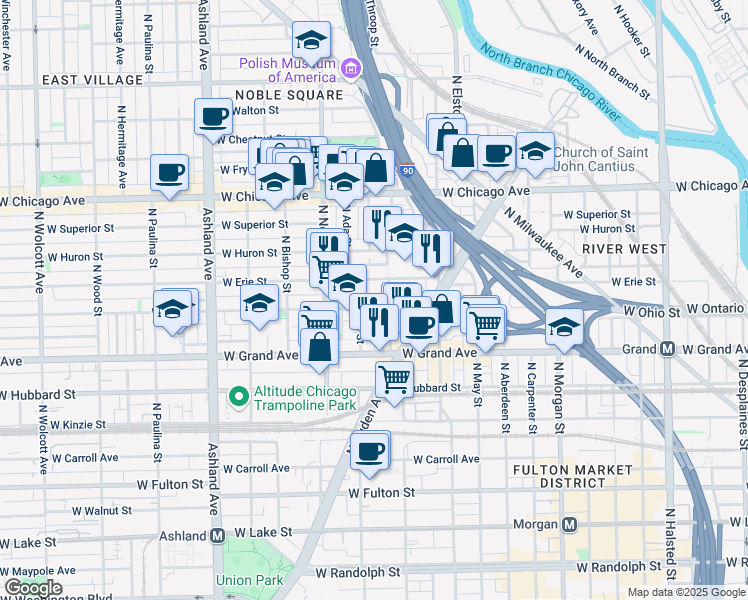 map of restaurants, bars, coffee shops, grocery stores, and more near 1306 West Erie Street in Chicago