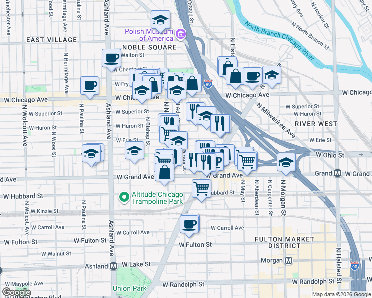 map of restaurants, bars, coffee shops, grocery stores, and more near 1306 West Erie Street in Chicago