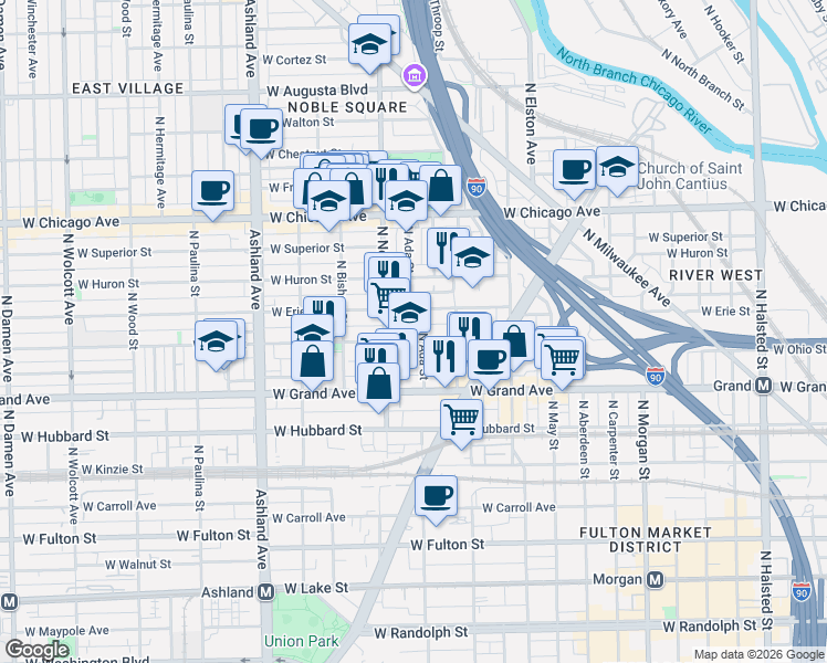 map of restaurants, bars, coffee shops, grocery stores, and more near 1346 West Erie Street in Chicago