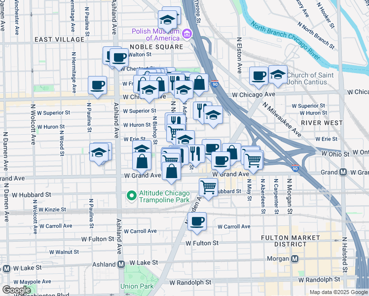 map of restaurants, bars, coffee shops, grocery stores, and more near 1348 West Erie Street in Chicago
