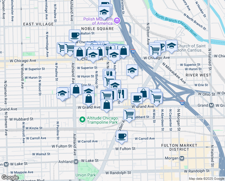 map of restaurants, bars, coffee shops, grocery stores, and more near 1348 West Erie Street in Chicago