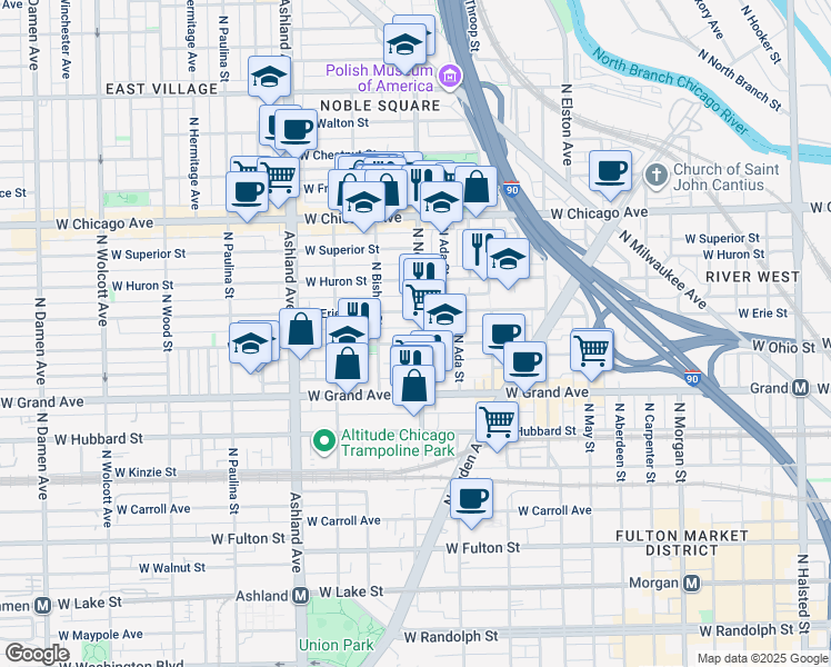map of restaurants, bars, coffee shops, grocery stores, and more near 1416 West Erie Street in Chicago