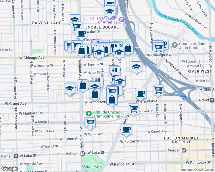 map of restaurants, bars, coffee shops, grocery stores, and more near 1416 West Erie Street in Chicago