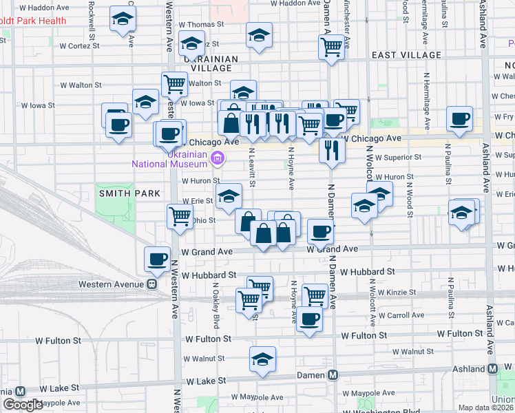 map of restaurants, bars, coffee shops, grocery stores, and more near 2142 West Erie Street in Chicago