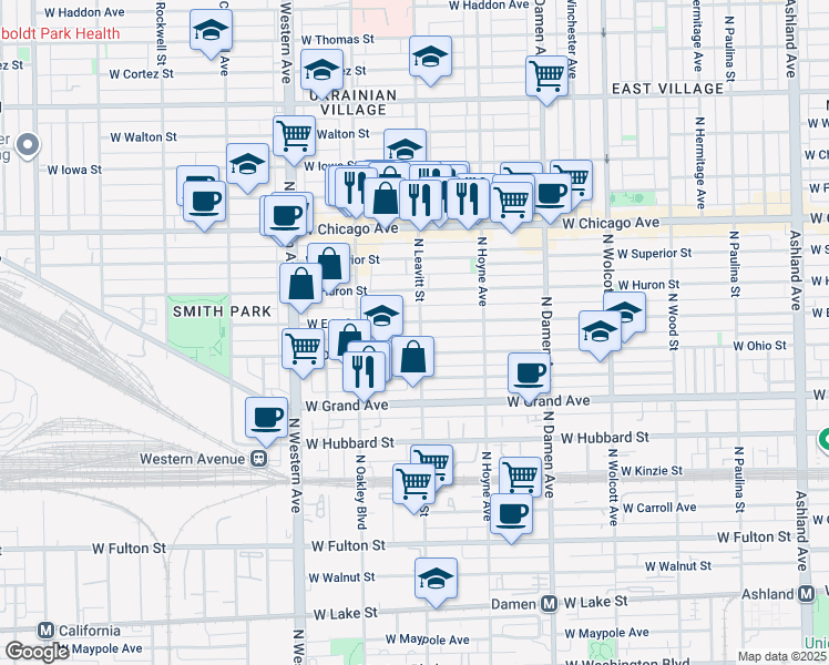 map of restaurants, bars, coffee shops, grocery stores, and more near 2210 West Erie Street in Chicago