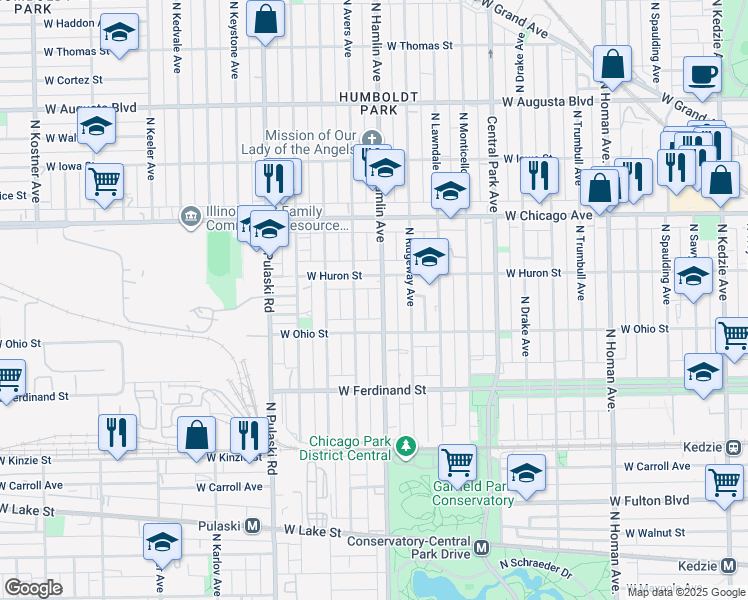 map of restaurants, bars, coffee shops, grocery stores, and more near 3805 West Huron Street in Chicago