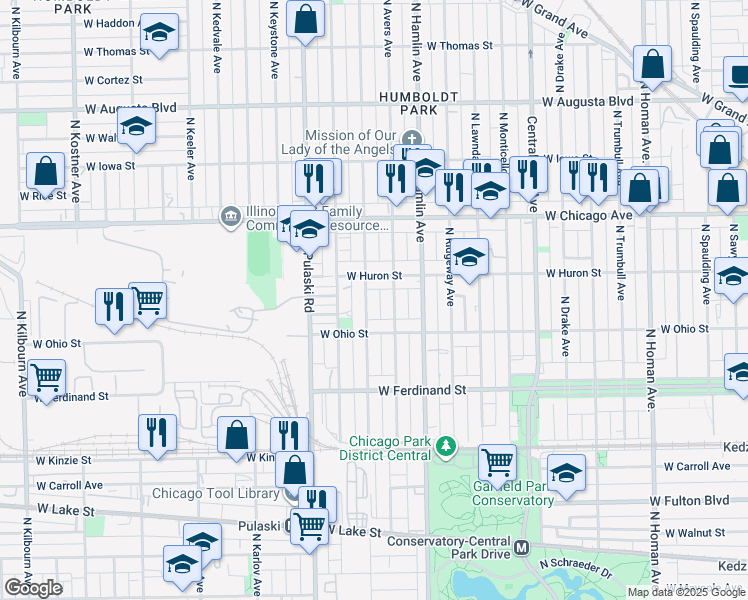 map of restaurants, bars, coffee shops, grocery stores, and more near 3847 West Huron Street in Chicago