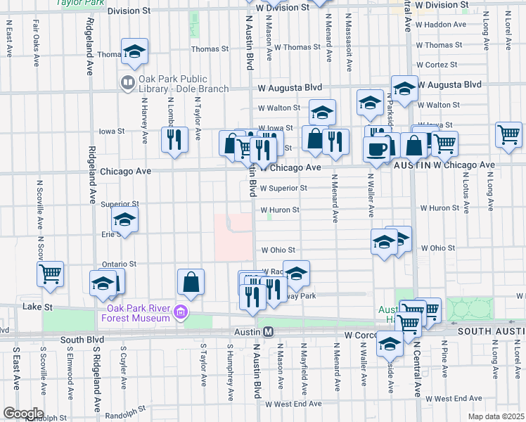 map of restaurants, bars, coffee shops, grocery stores, and more near 5947 West Superior Street in Chicago