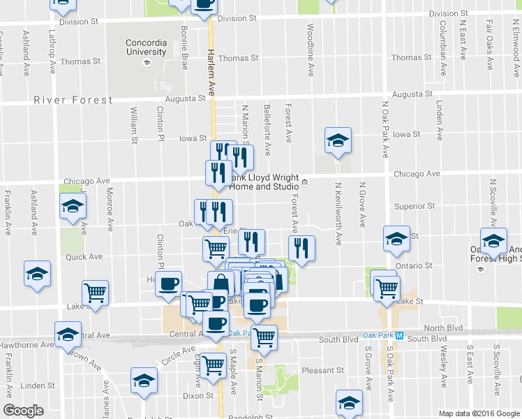 map of restaurants, bars, coffee shops, grocery stores, and more near 408 North Marion Street in Oak Park