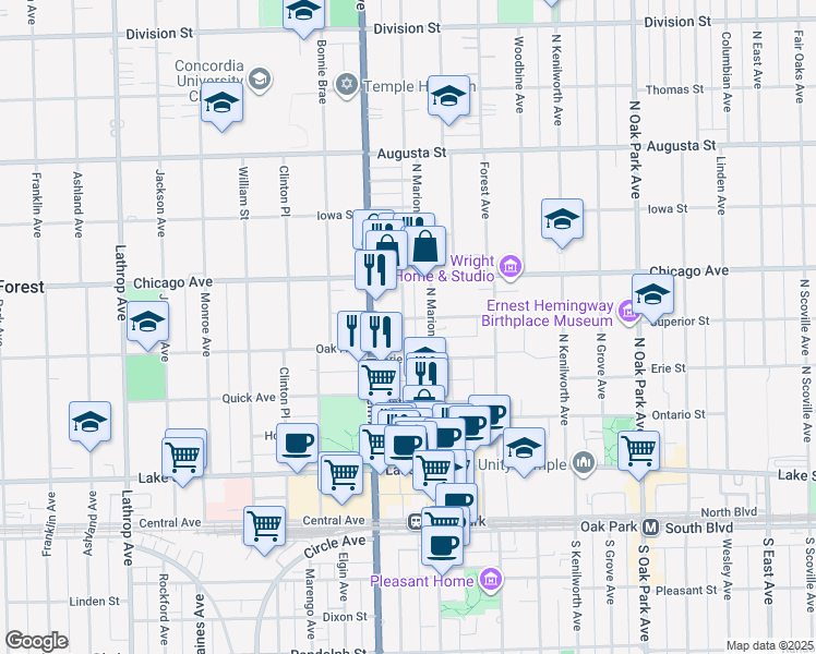 map of restaurants, bars, coffee shops, grocery stores, and more near 411 North Maple Avenue in Oak Park