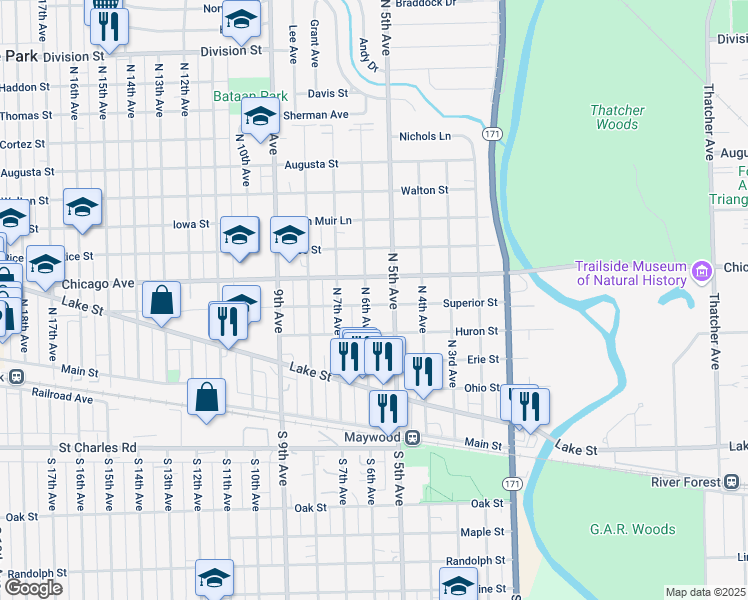 map of restaurants, bars, coffee shops, grocery stores, and more near 603 North 6th Avenue in Maywood