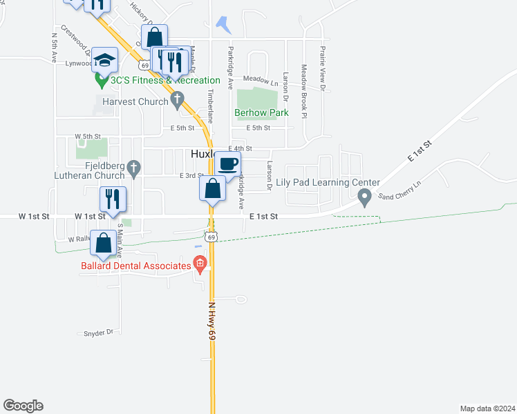 map of restaurants, bars, coffee shops, grocery stores, and more near 531 East 2nd Street in Huxley