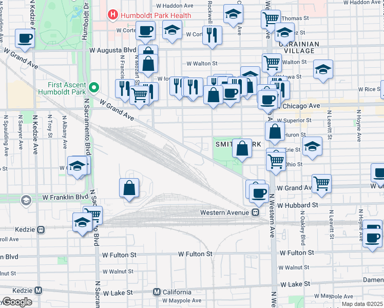 map of restaurants, bars, coffee shops, grocery stores, and more near 2639 West Grand Avenue in Chicago