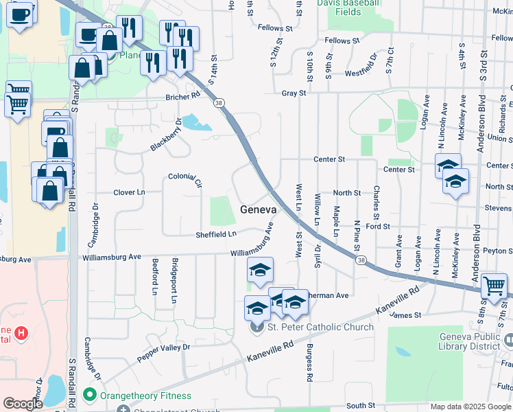 map of restaurants, bars, coffee shops, grocery stores, and more near 380 Brittany Court in Geneva