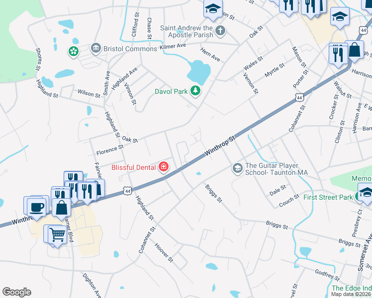 map of restaurants, bars, coffee shops, grocery stores, and more near 203 Winthrop Street in Taunton
