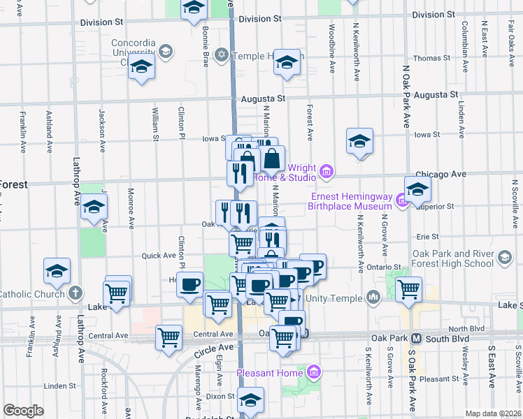 map of restaurants, bars, coffee shops, grocery stores, and more near 411 North Maple Avenue in Oak Park