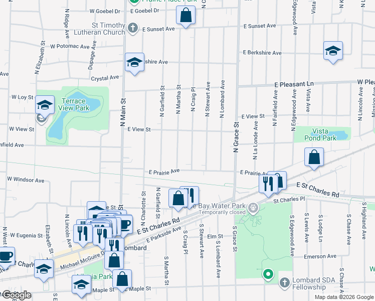 map of restaurants, bars, coffee shops, grocery stores, and more near 254 North Craig Place in Lombard