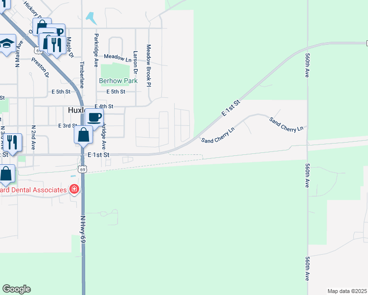 map of restaurants, bars, coffee shops, grocery stores, and more near 1098 Sand Cherry Lane in Huxley