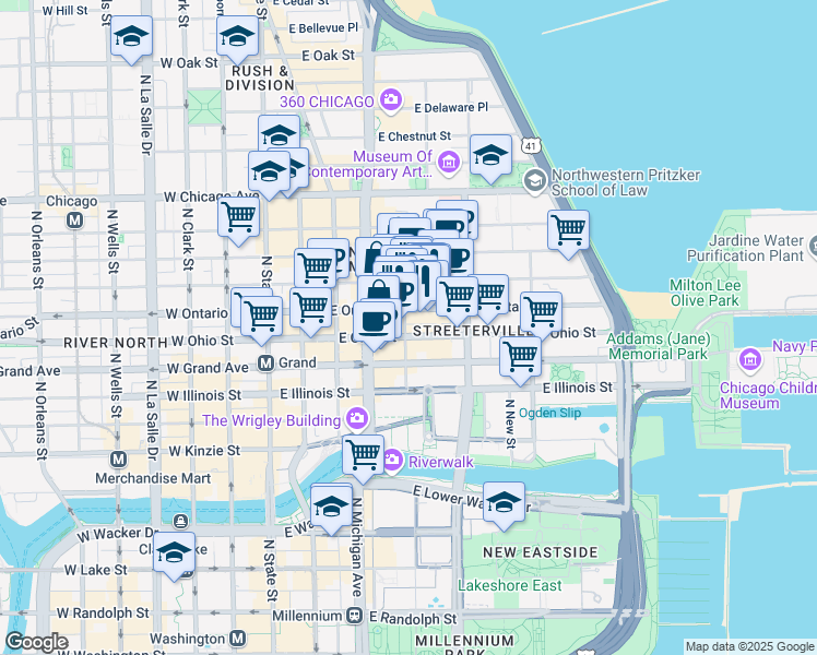 map of restaurants, bars, coffee shops, grocery stores, and more near 625 North Michigan Avenue in Chicago