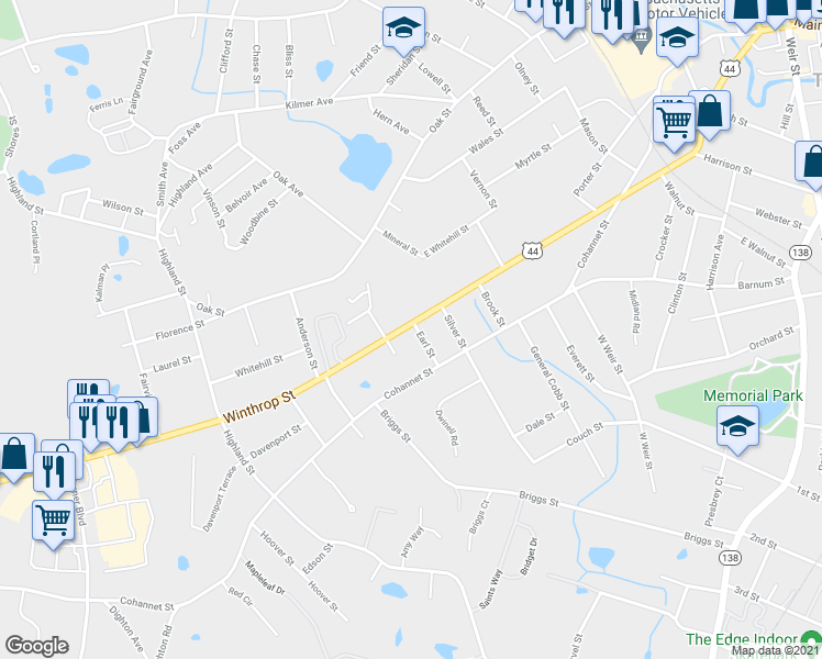 map of restaurants, bars, coffee shops, grocery stores, and more near 176 Winthrop Street in Taunton