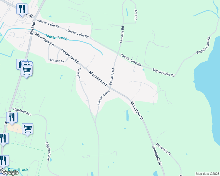 map of restaurants, bars, coffee shops, grocery stores, and more near 200 Ellington Avenue in Ellington