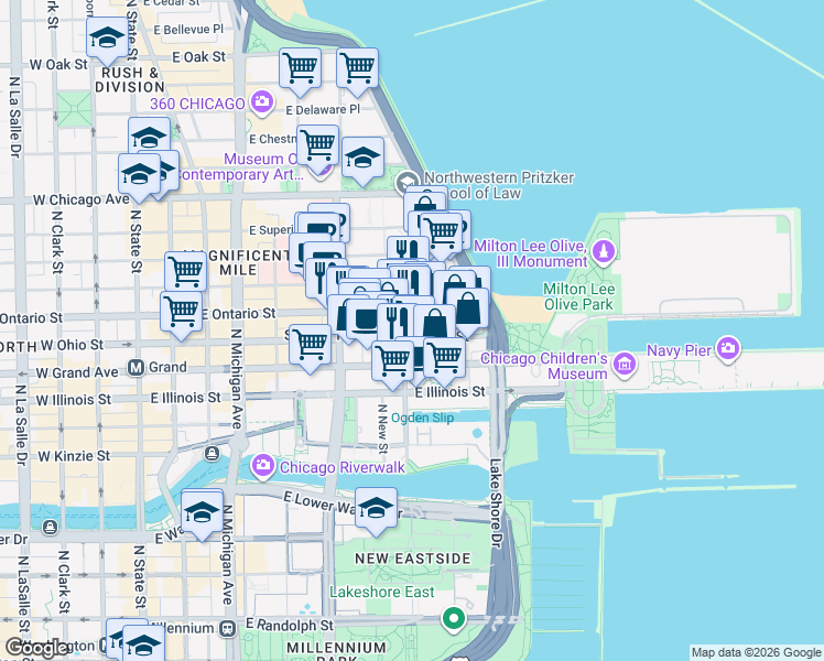 map of restaurants, bars, coffee shops, grocery stores, and more near 400 East Ohio Street in Chicago