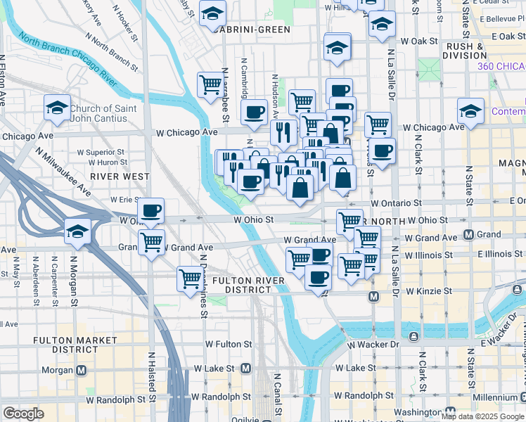 map of restaurants, bars, coffee shops, grocery stores, and more near 435 West Erie Street in Chicago