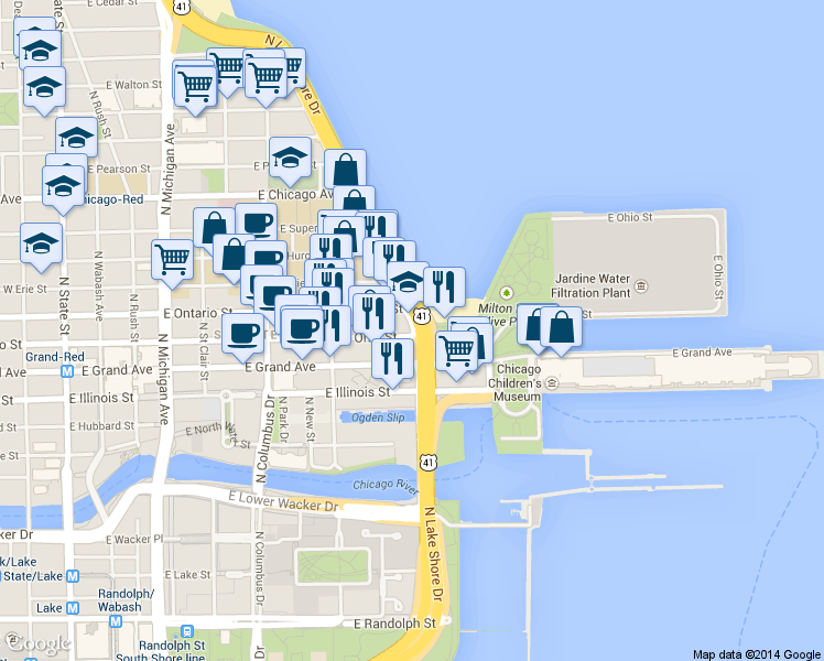 map of restaurants, bars, coffee shops, grocery stores, and more near 644 North Lake Shore Drive in Chicago