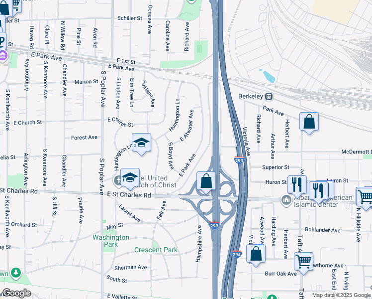 map of restaurants, bars, coffee shops, grocery stores, and more near 412 East Atwater Avenue in Elmhurst
