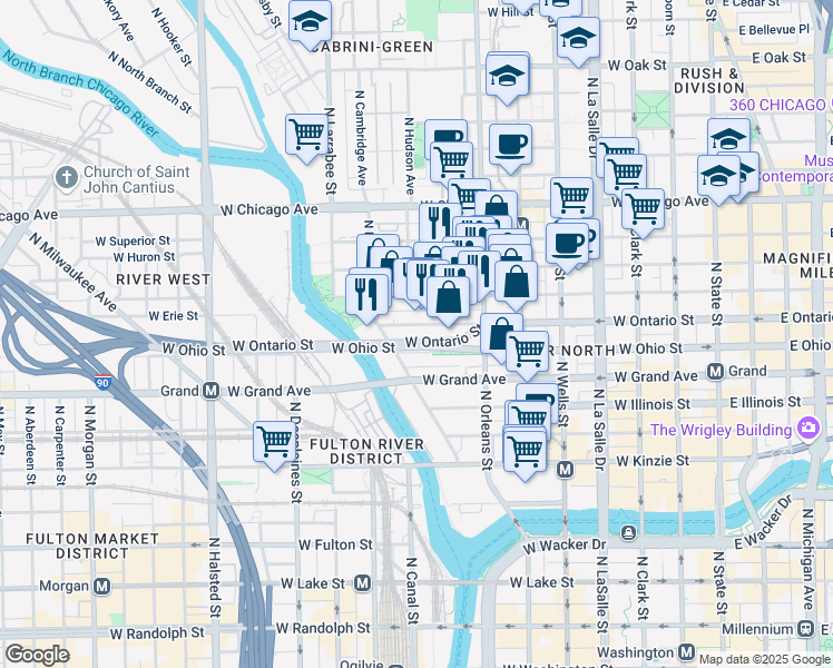 map of restaurants, bars, coffee shops, grocery stores, and more near 411 West Ontario Street in Chicago