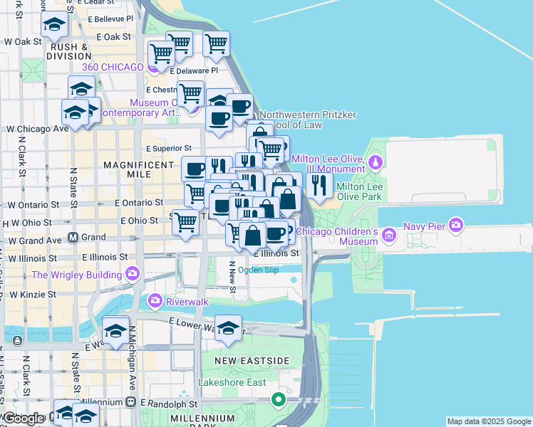 map of restaurants, bars, coffee shops, grocery stores, and more near 420 East Ohio Street in Chicago