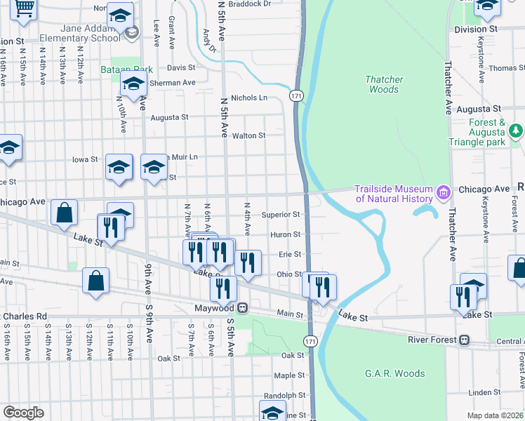 map of restaurants, bars, coffee shops, grocery stores, and more near 602 North 3rd Avenue in Maywood