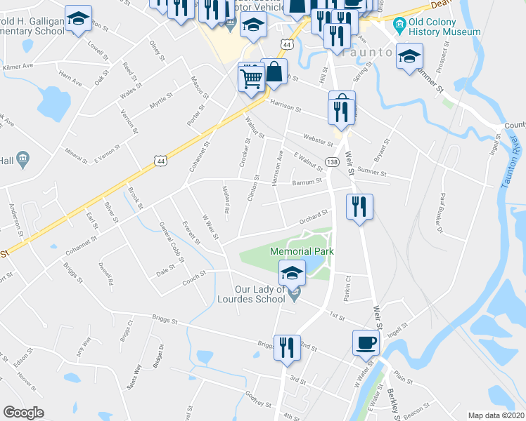 map of restaurants, bars, coffee shops, grocery stores, and more near 52 White Street in Taunton