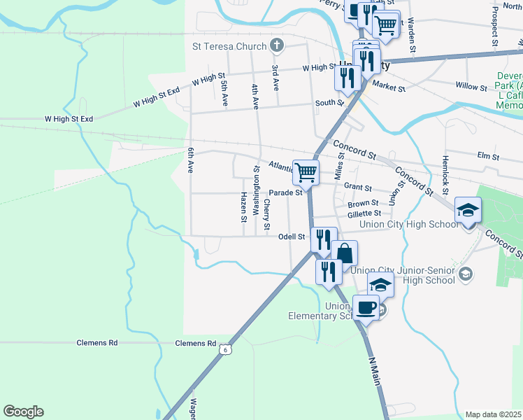 map of restaurants, bars, coffee shops, grocery stores, and more near 24 Parade Street in Union City