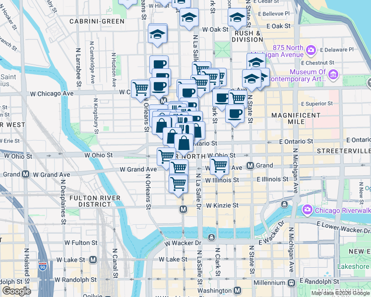 map of restaurants, bars, coffee shops, grocery stores, and more near 634 North Wells Street in Chicago