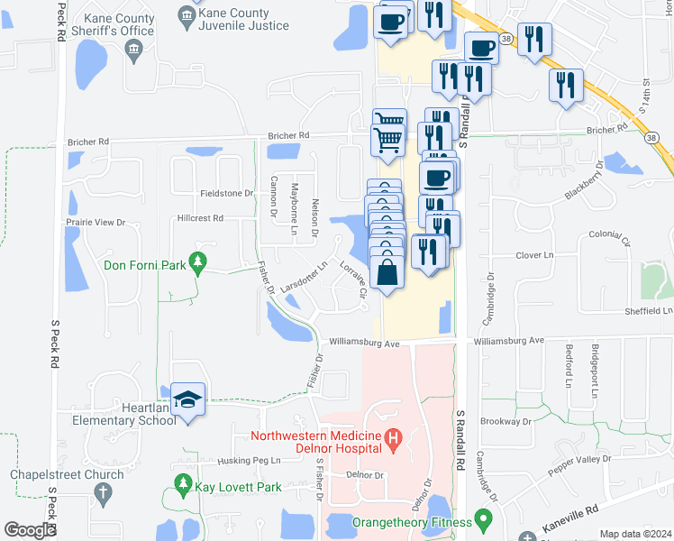 map of restaurants, bars, coffee shops, grocery stores, and more near 288 Lineas Lane in Geneva