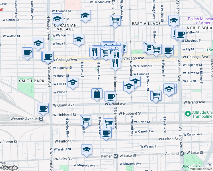 map of restaurants, bars, coffee shops, grocery stores, and more near 2026 West Erie Street in Chicago