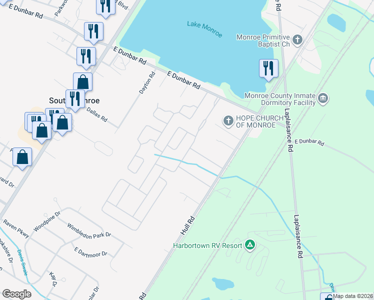 map of restaurants, bars, coffee shops, grocery stores, and more near 119 Birchwood Trail in Monroe