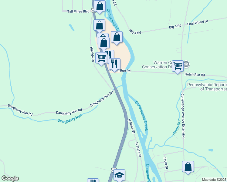 map of restaurants, bars, coffee shops, grocery stores, and more near 11 Daugherty Run Road in Warren