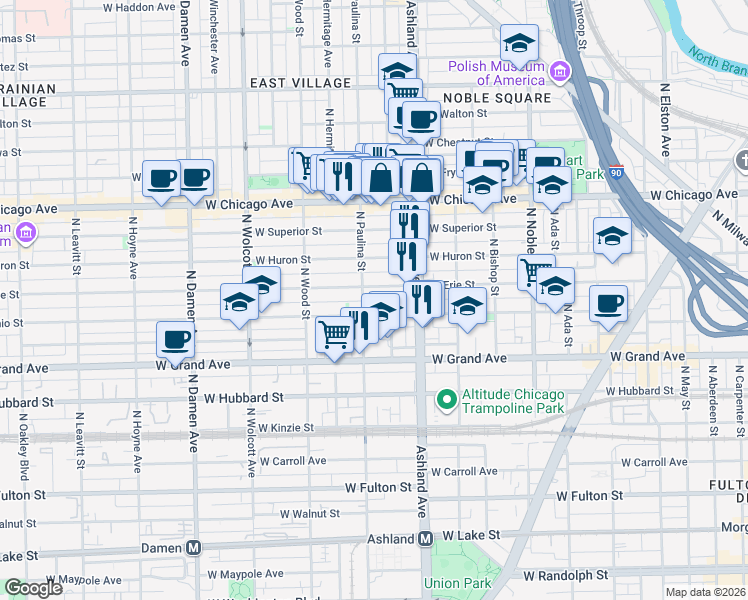 map of restaurants, bars, coffee shops, grocery stores, and more near 1648 West Ontario Street in Chicago