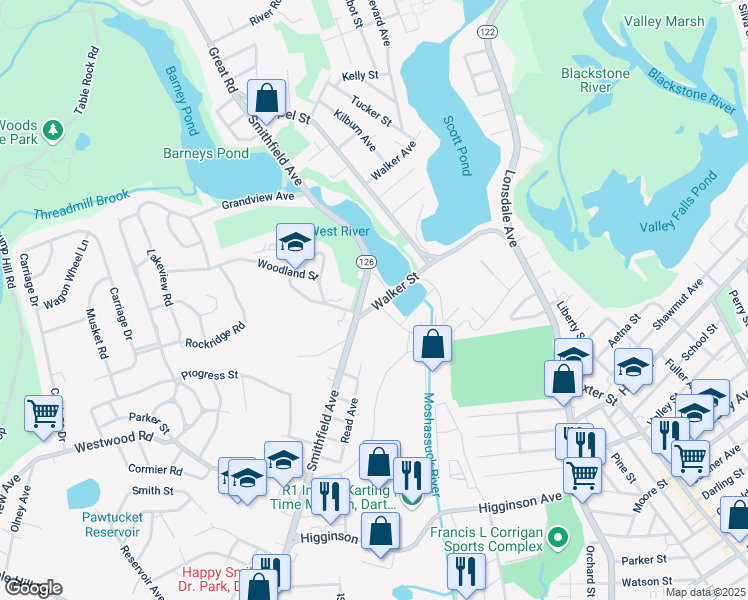 map of restaurants, bars, coffee shops, grocery stores, and more near 9 Pond Avenue in Lincoln