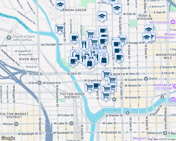 map of restaurants, bars, coffee shops, grocery stores, and more near 401 West Ontario Street in Chicago