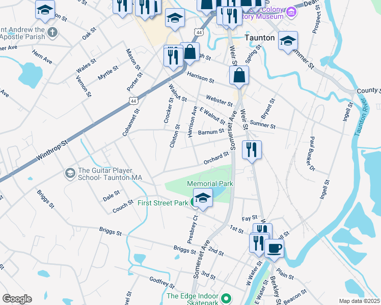 map of restaurants, bars, coffee shops, grocery stores, and more near 53 Harrison Avenue in Taunton
