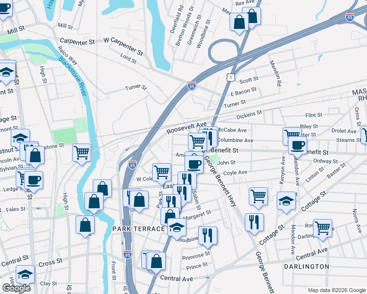 map of restaurants, bars, coffee shops, grocery stores, and more near 4 Collins Avenue in Pawtucket
