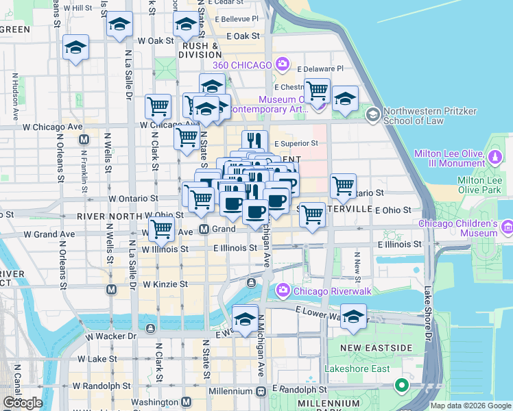 map of restaurants, bars, coffee shops, grocery stores, and more near 101 East Erie Street in Chicago